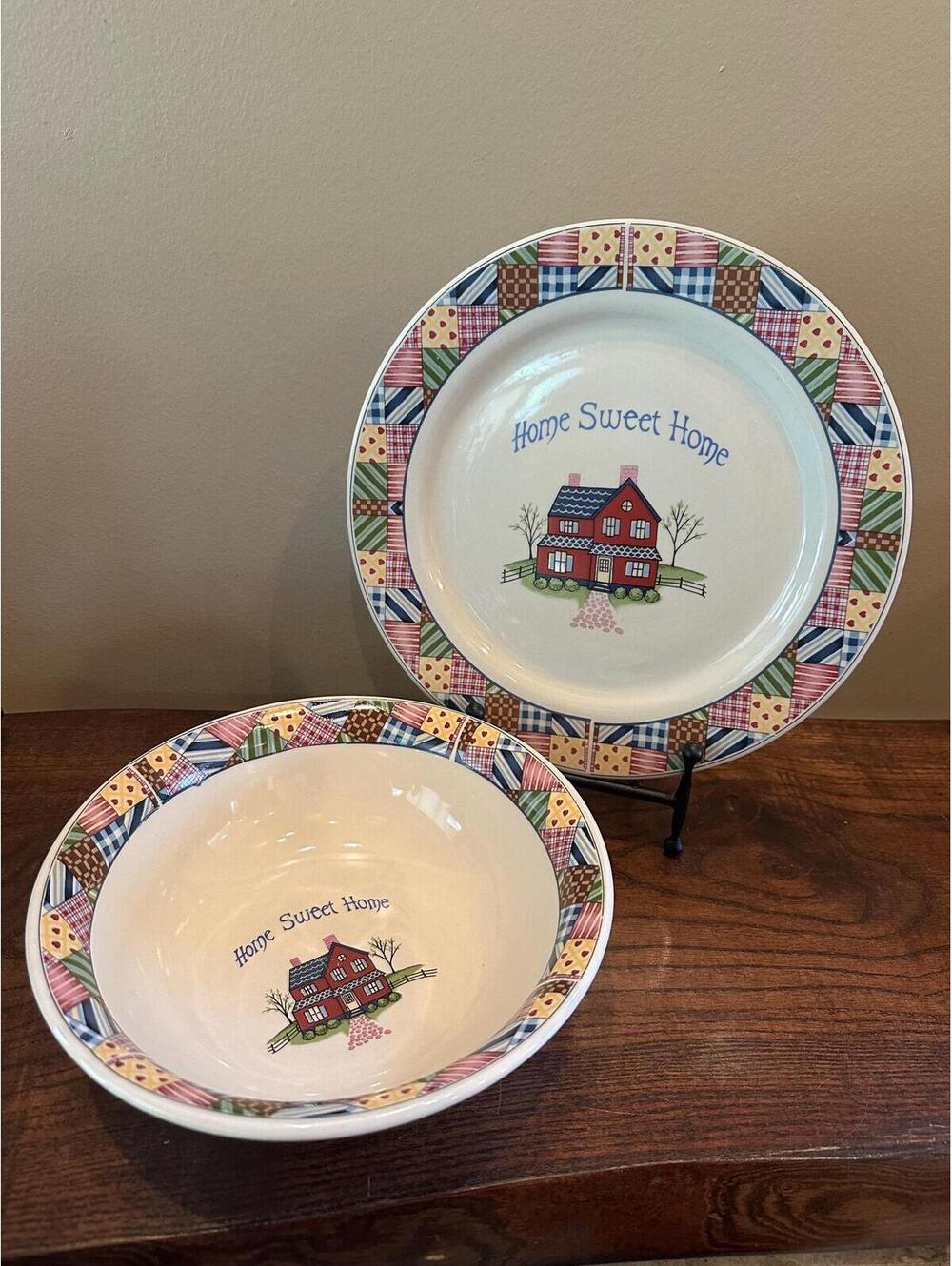 Vintage "Home Sweet Home" Dinner Plate & Serving Bowl Country Patchwork